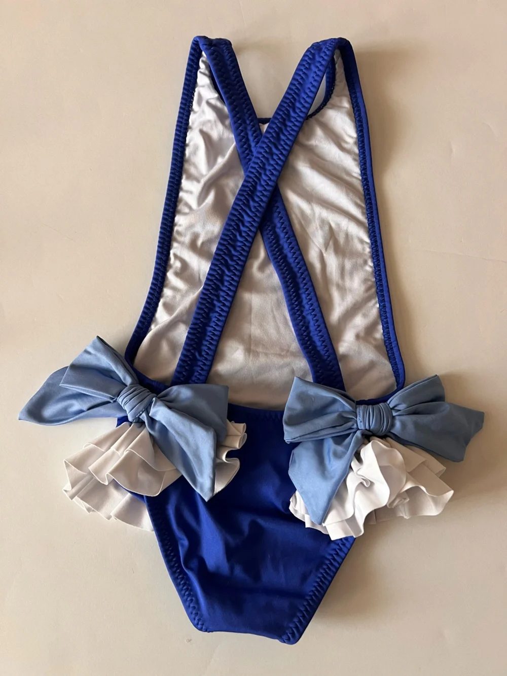 Carpe Summer Royal Blue One-Piece Swimsuit with Cream Ruffle & Light Blue Bow